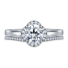 Petite Diamond Floral Halo Prong Set Engagement Ring with Matching Band in 14K White Gold