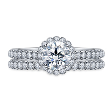 Prong Set Diamond Floral Halo Engagement Ring with Diamond Matching Band in 14K White Gold