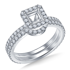Diamond Halo Ring for Princess, Asscher or Radiant Cut with Matching Band in 14K White Gold