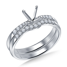 Petite Solitaire Prong Accented Engagement Ring With Matching Band In 14K White Gold