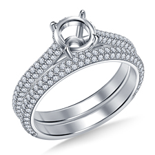 Diamond Engagement Ring With Basket Halo And Matching Three Sided Pave Band In 14K White Gold