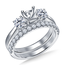 Three Stone Engagement Ring with Pave Accents Details in 14K White Gold