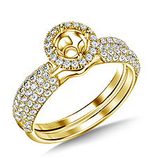 Round Brilliant Diamond Halo Engagement Ring With Curved Pave Wedding Band In 14K Yellow Gold