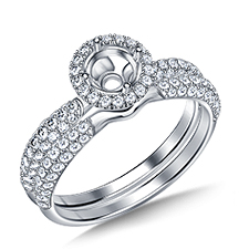 Round Brilliant Diamond Halo Engagement Ring With Curved Pave Wedding Band In 18K White Gold