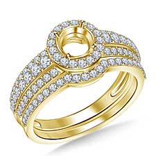 Round Halo Triple Band Diamond Engagement Ring with Matching Band in 14K Yellow Gold