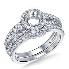 Round Halo Triple Band Diamond Engagement Ring with Matching Band in 18K White Gold