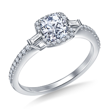Petite Cushion Halo Side Fancy Cut Diamond Engagement Ring in 14K White Gold