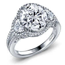 Fancy Cut Three Stone Diamond Halo Engagement Ring in 14K White Gold