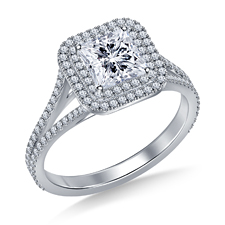 Square Cut Double Halo Split Shank Engagement Ring in 14K White Gold