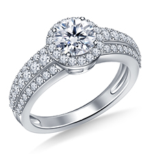 Round Halo Triple Band Diamond Engagement Ring in 14K White Gold